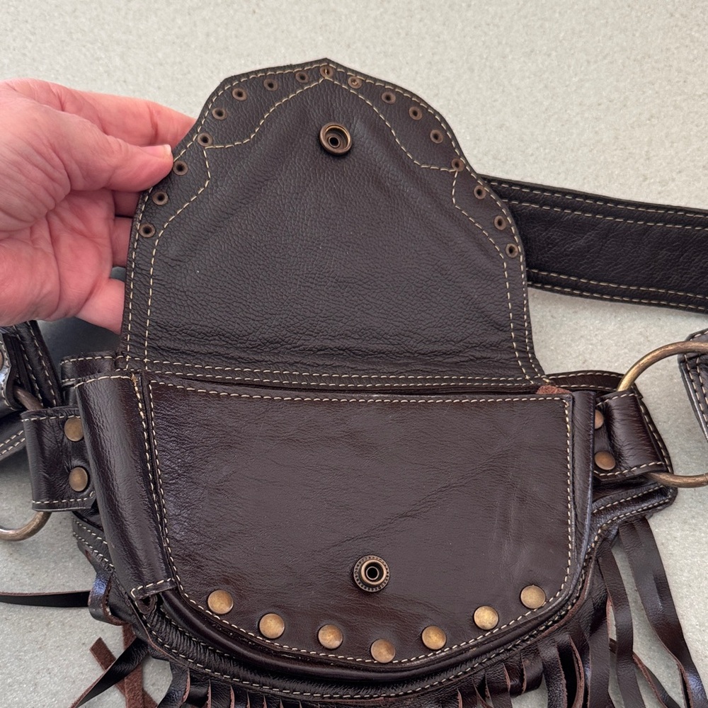 Dark Brown Leather Fringe Belt Bag with Turquoise Accents. Hand-crafted. - Picture 5 of 7